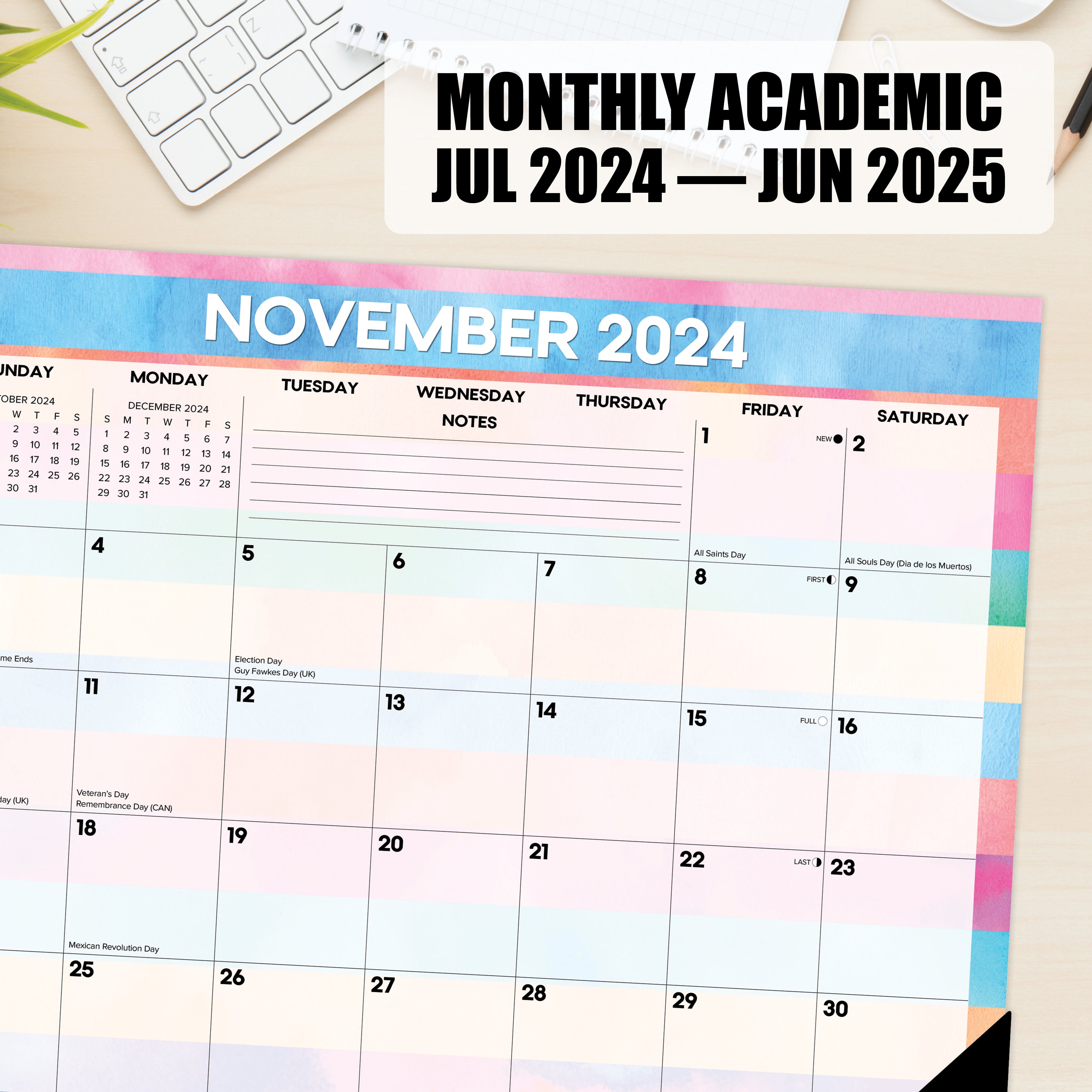 July 2024 - June 2025 Watercolor Stripe - Large Monthly Desk Pad Academic Calendar  SOLD OUT