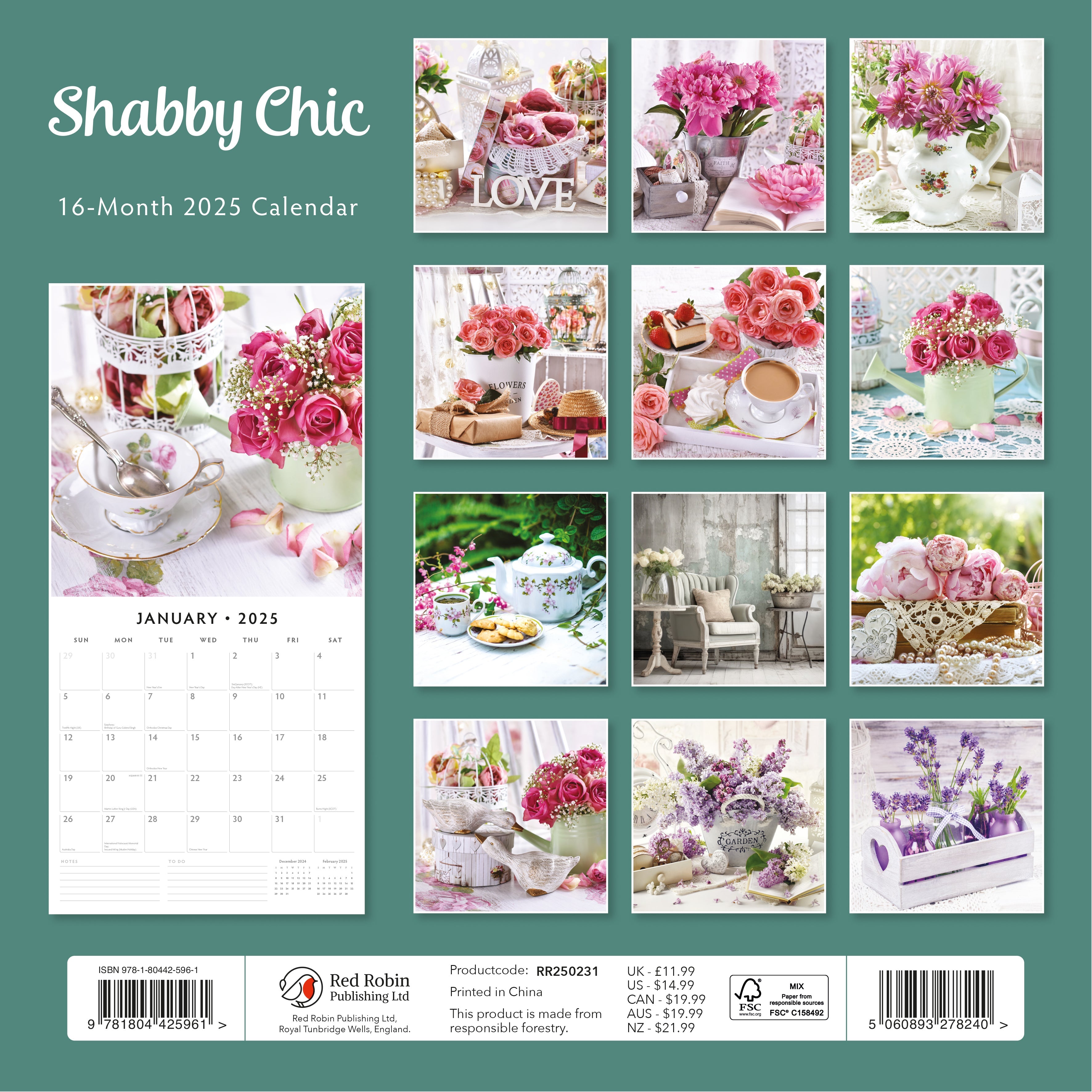 2025 Shabby Chic - Square Wall Calendar