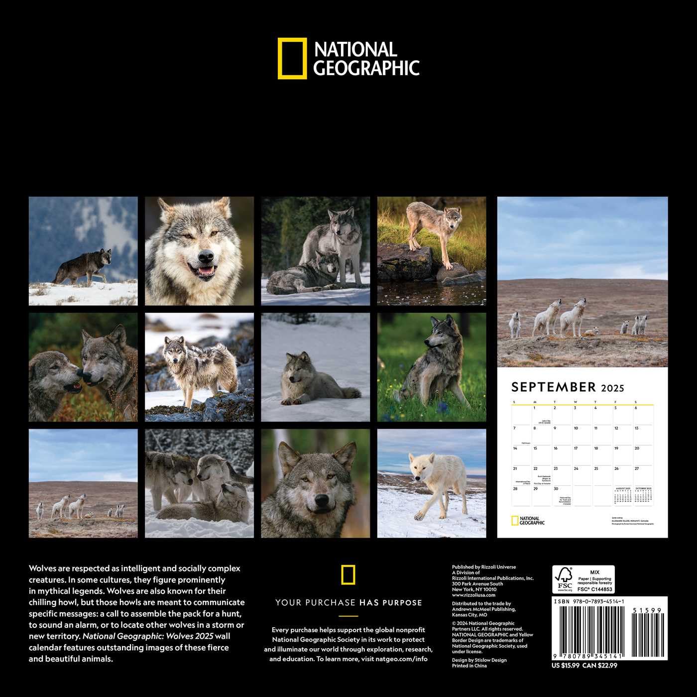 2025 National Geographic: Wolves - Square Wall Calendar