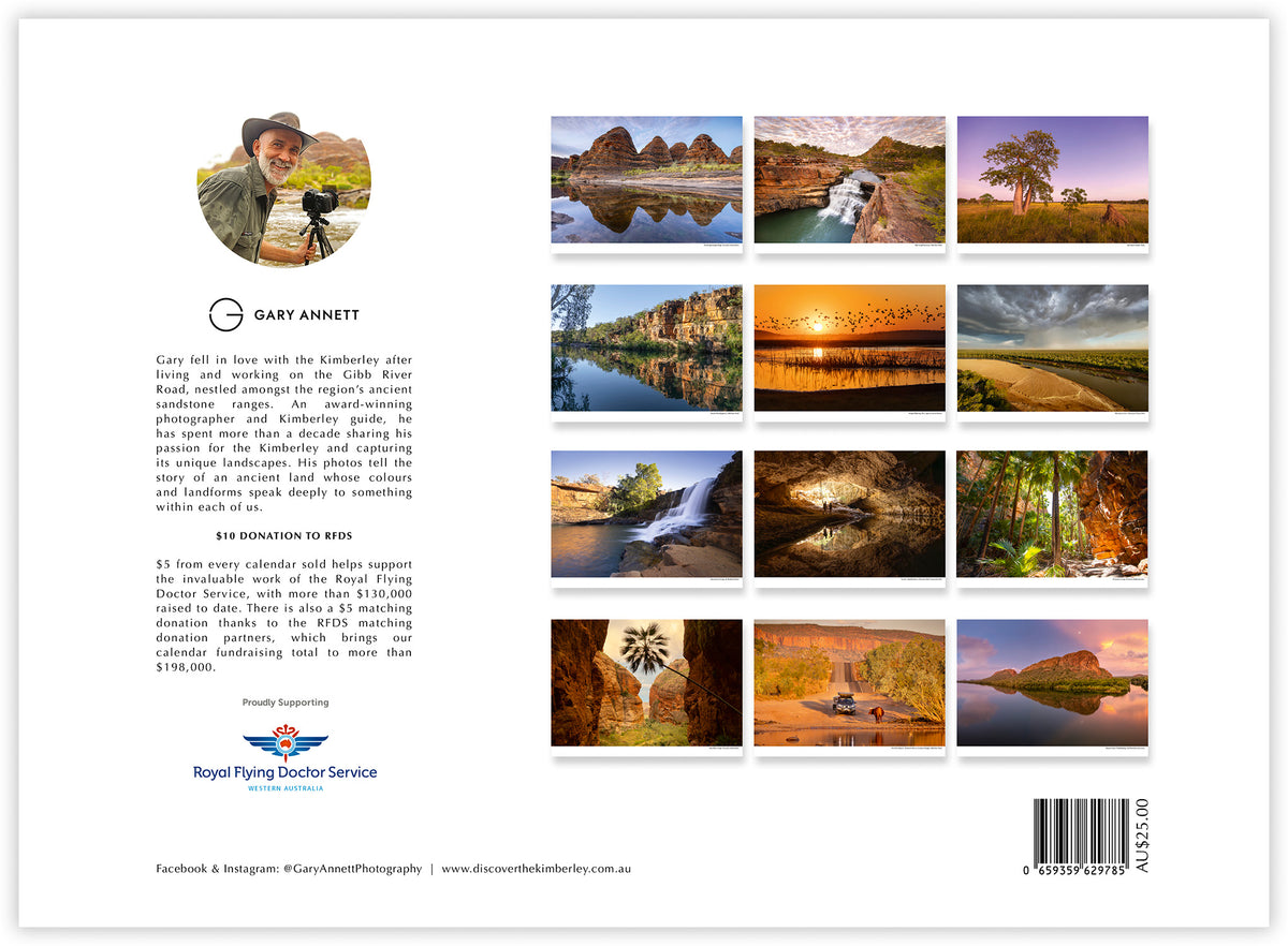 The Kimberley 2027 calendar back cover with all 12 photographs and RFDS donation details
