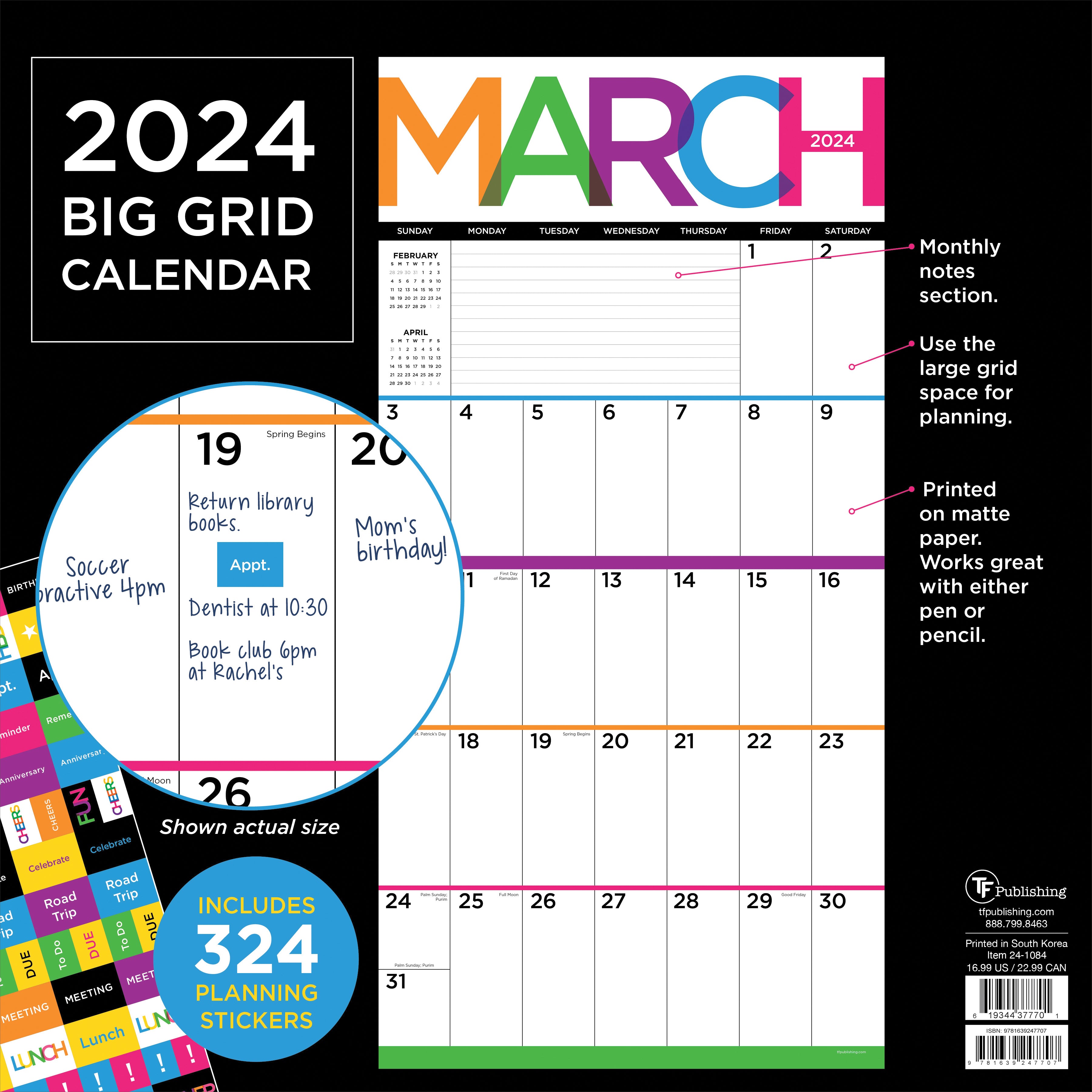 2024 Big & Bright Grid - Square Wall Calendar US