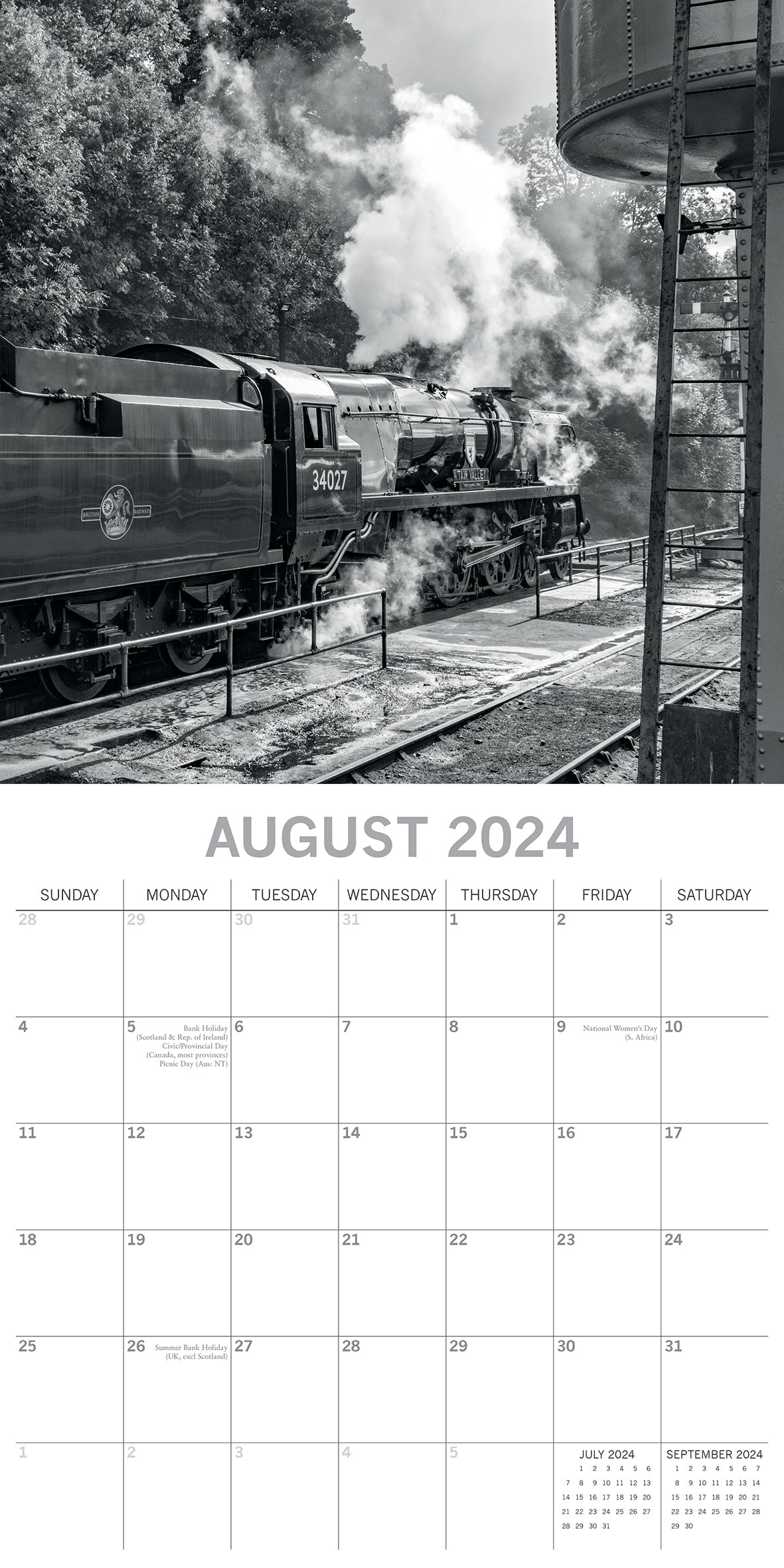 2024 Steam Trains - Black & White - Square Wall Calendar