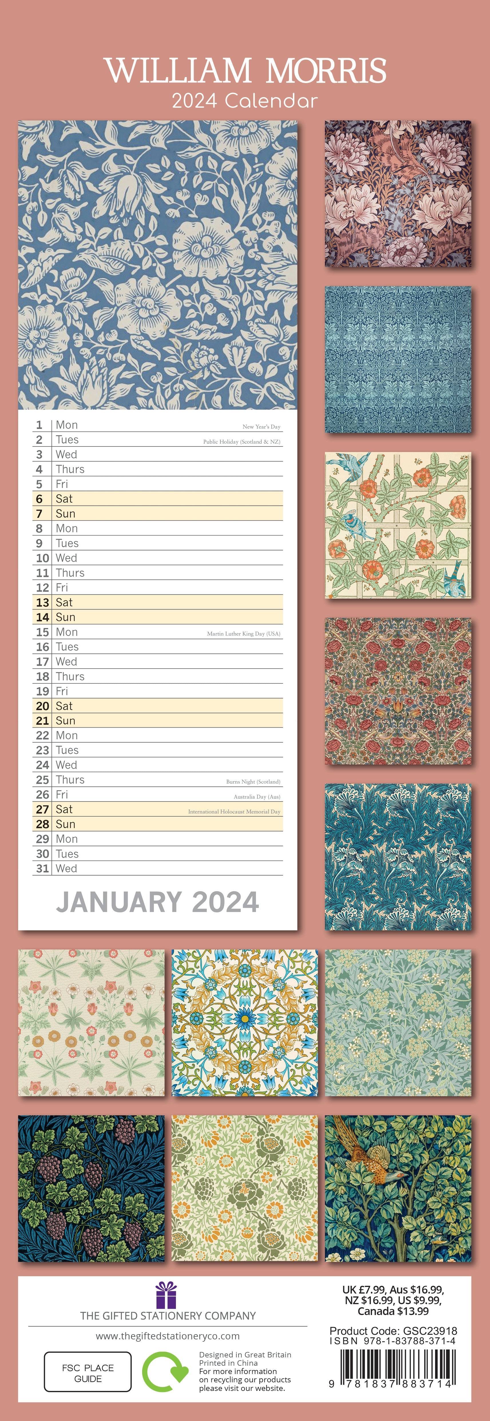 2024 William Morris - Rose - Slim Wall Calendar