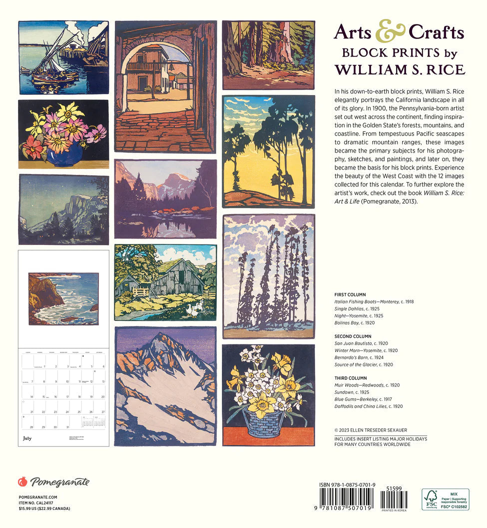 2024 Arts & Crafts Block Prints by William S. Rice - Square Wall Calendar  SOLD OUT