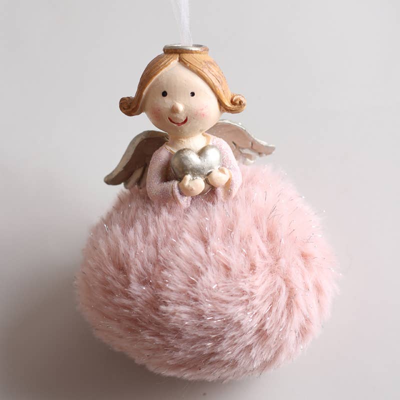 Cute & Fluffy Pink & White Resin Angel - Christmas Decoration