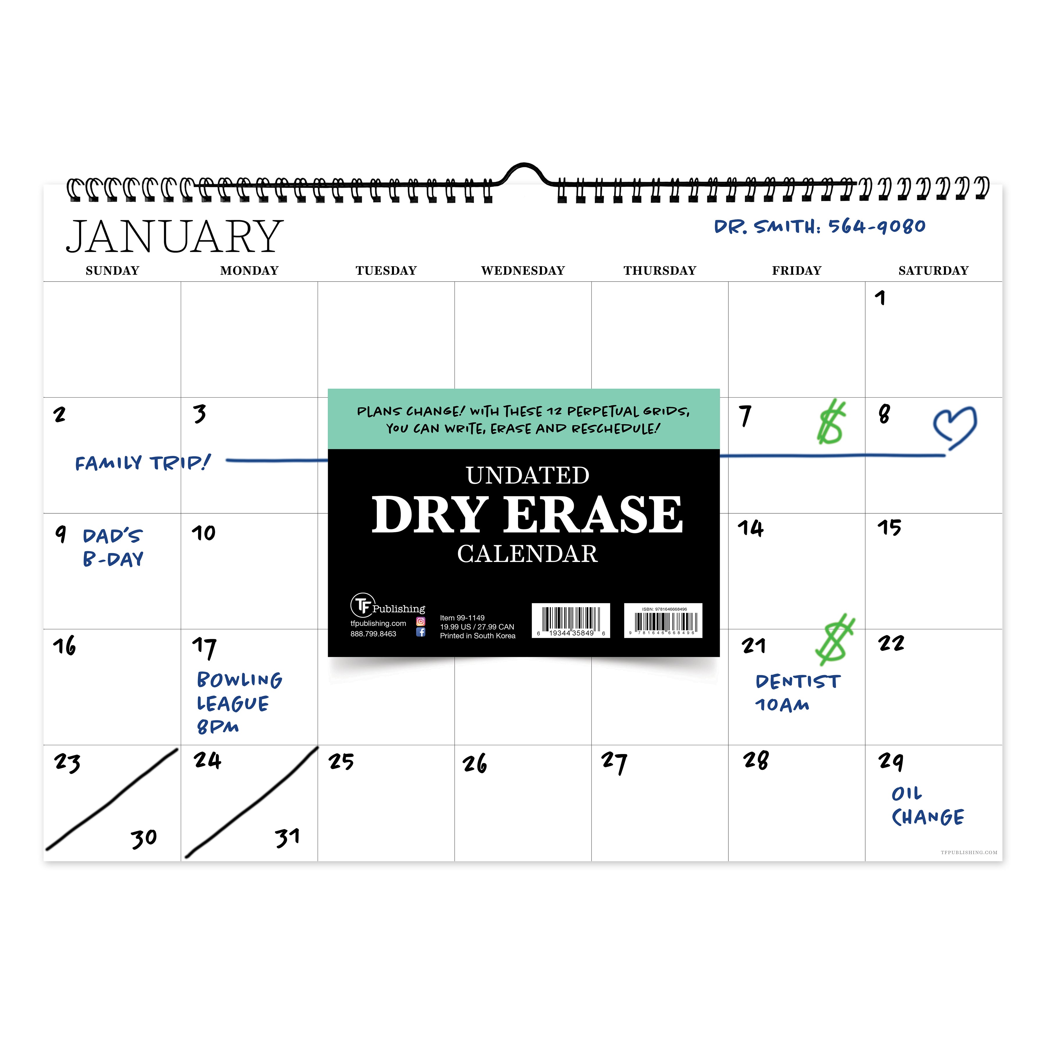 Dry Erase Medium Wire-o Hanging Horizontal - Perpetual Undated Wall Calendar US