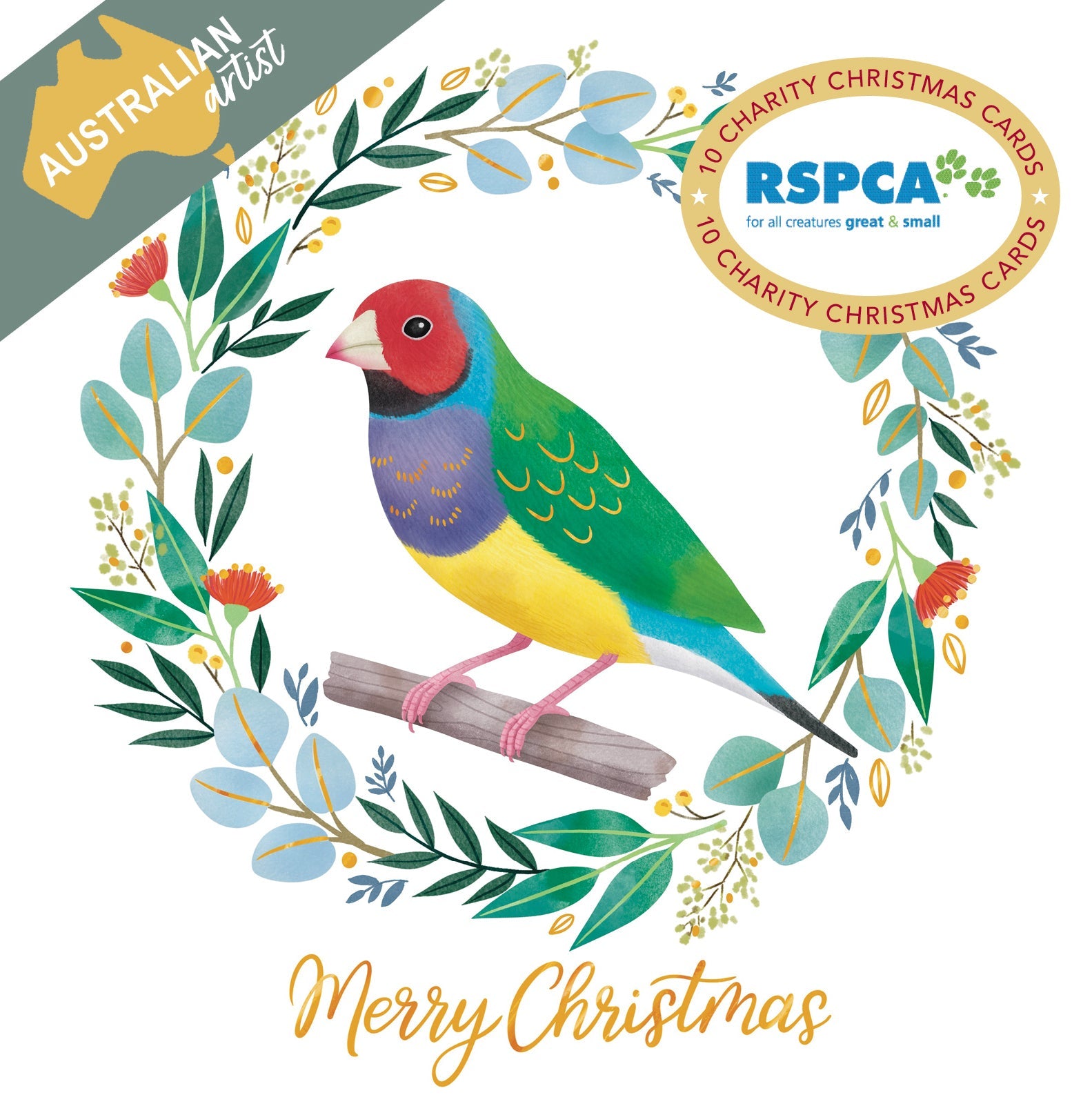 RSPCA Gouldian Finch Wreath - 10 Charity Christmas Cards Pack