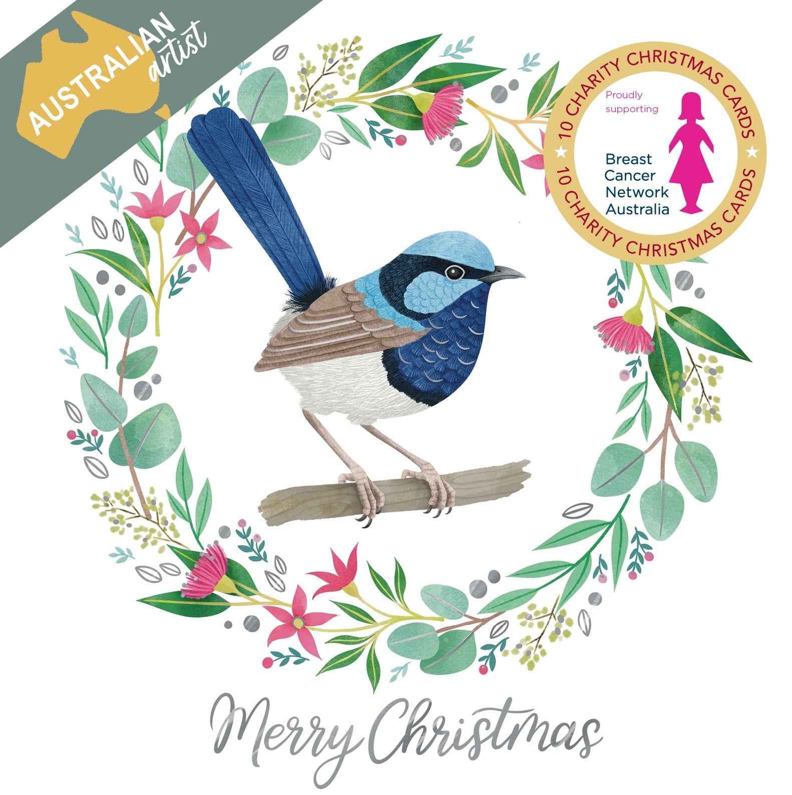 BCNA Fairy Wren Wreath - 10 Charity Christmas Cards Pack