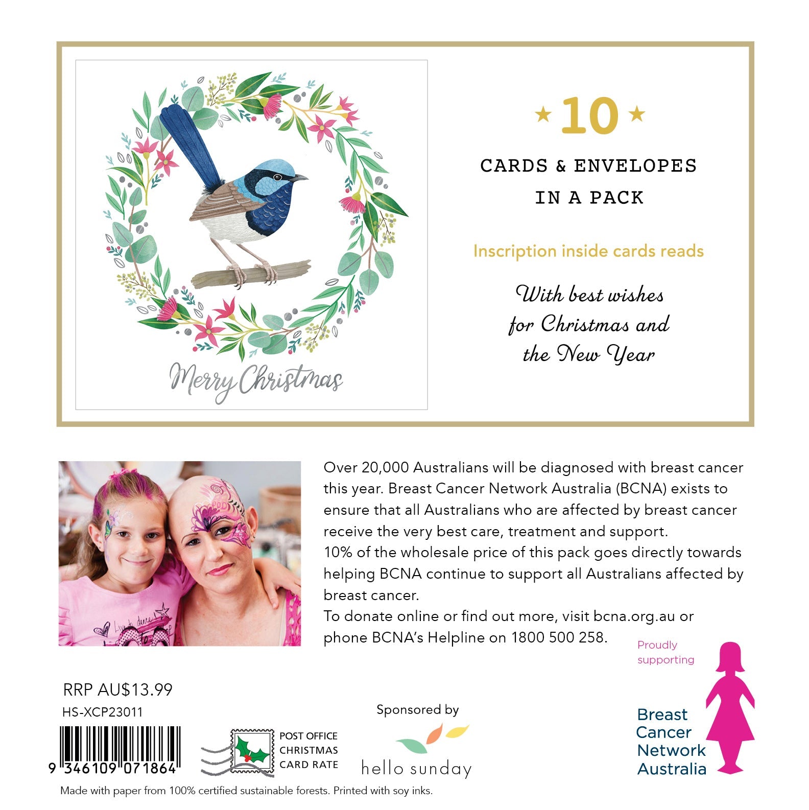 BCNA Fairy Wren Wreath - 10 Charity Christmas Cards Pack