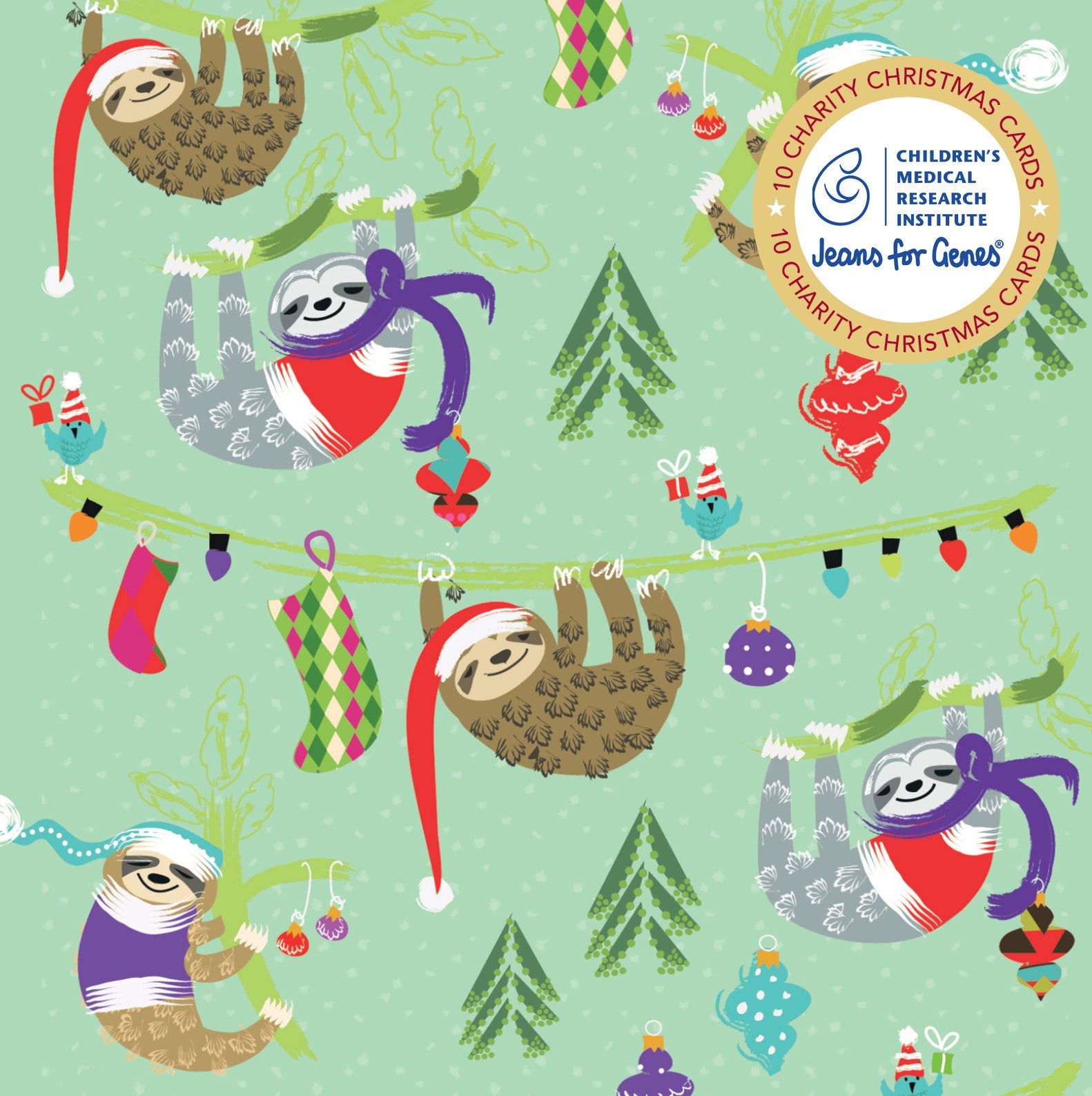 CMRI Hanging Sloths - 10 Charity Christmas Cards Pack
