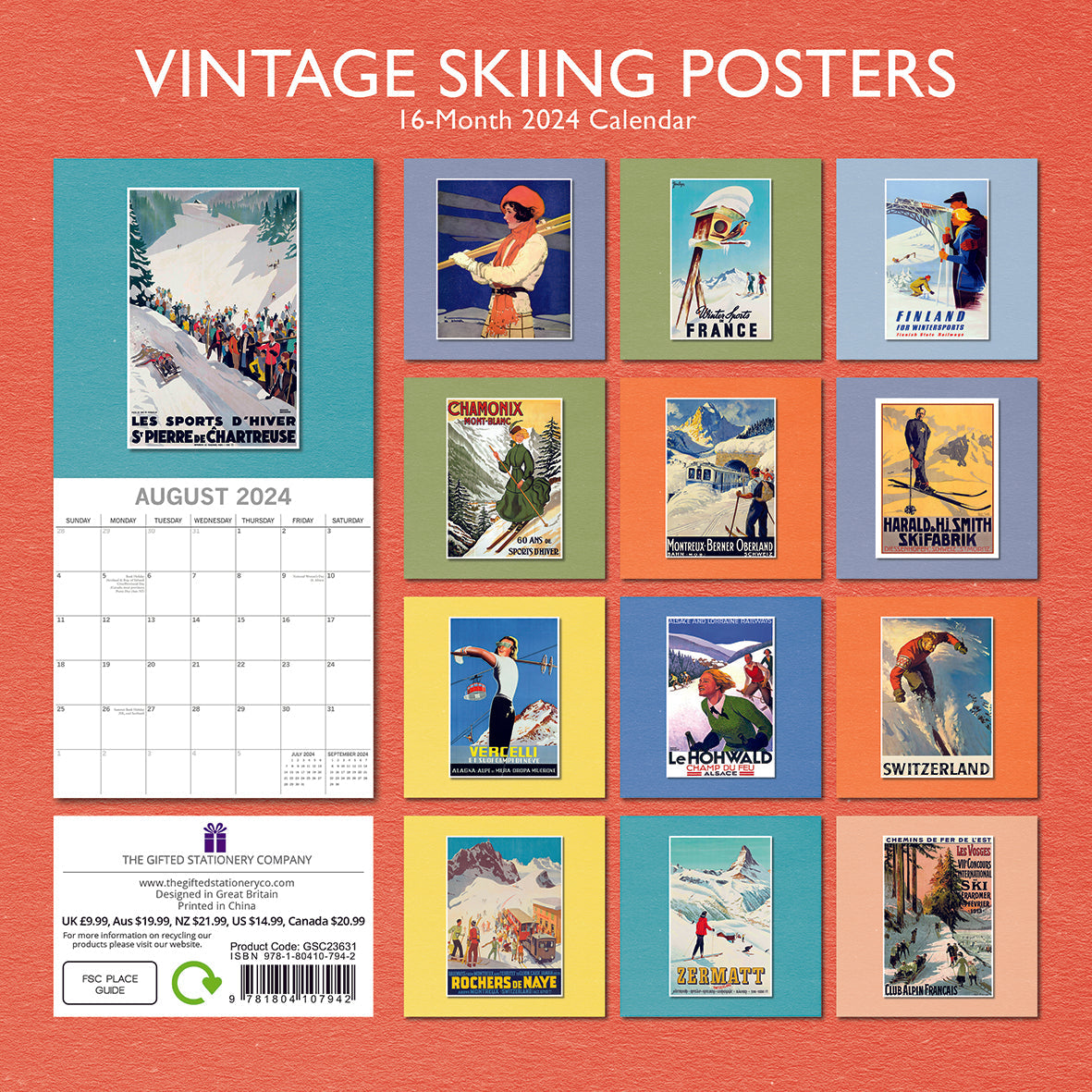 2024 Vintage Skiing Posters - Square Wall Calendar