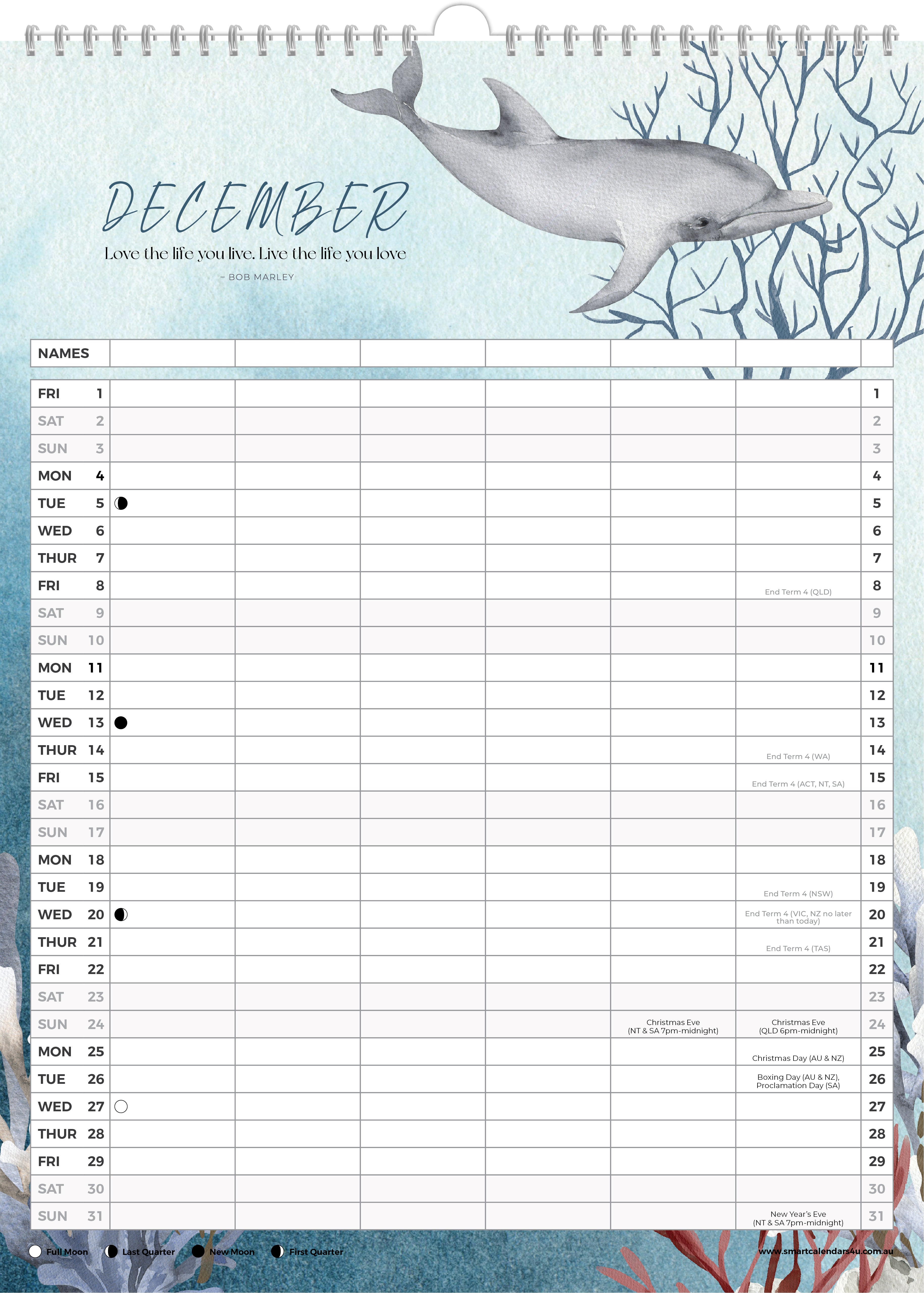 2023 Ocean Life (Smart Calendar) - Austrailan Made A3 Wall Calendar