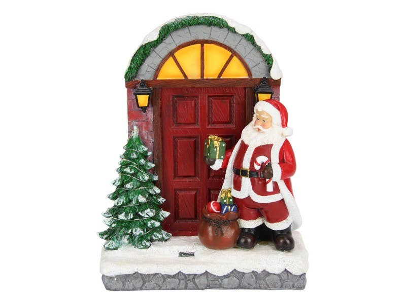 Santa at Door with Light Up Tree (31 cm) - Christmas Decoration