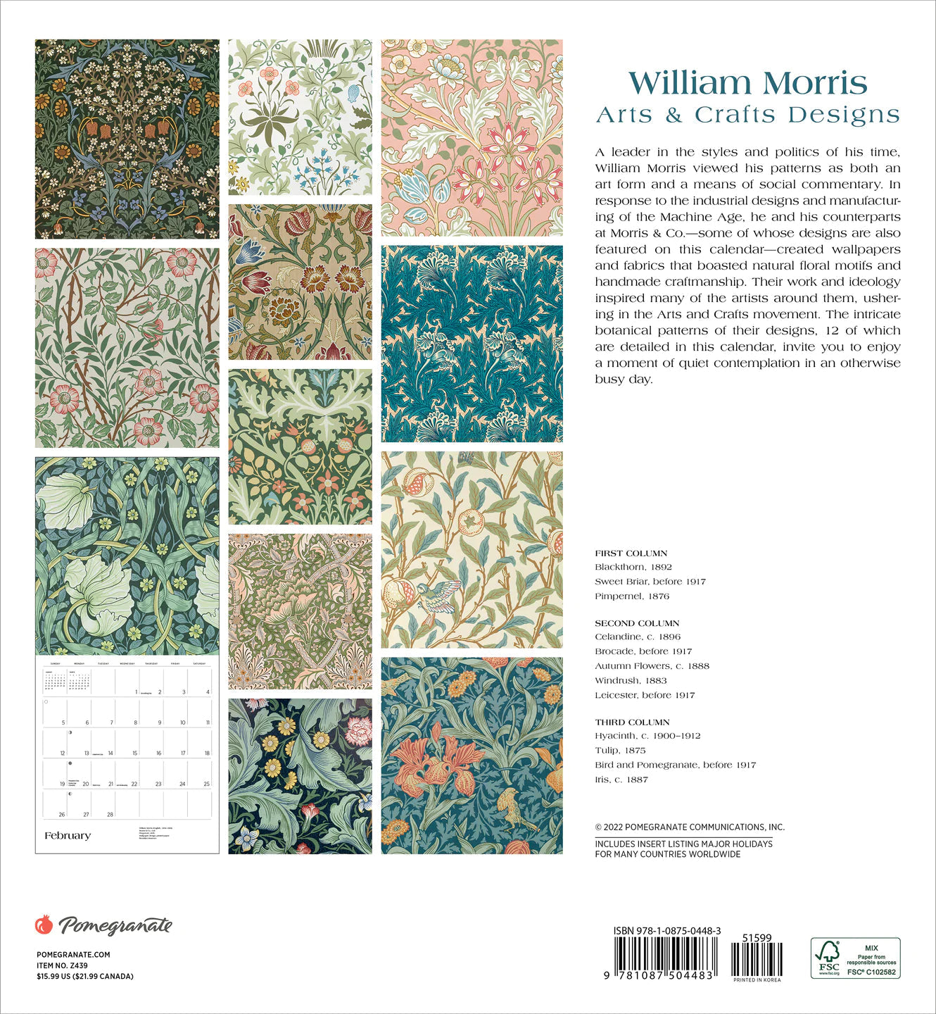 2023 William Morris: Arts & Crafts Designs - Square Wall Calendar